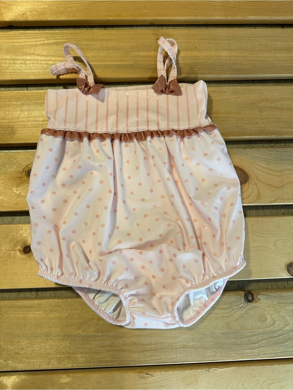 Kate Mack Infants 1 Pc bubble romper Swimsuit Pink w/ Rose Gold Trim - Size 24M